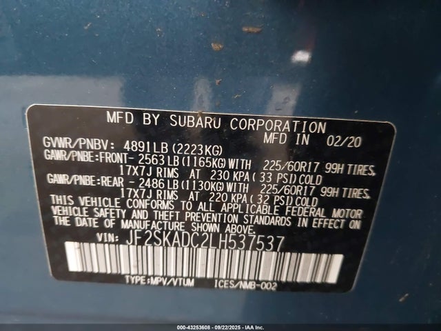Subaru naturally aspirated u5 2020 JF2SKADC2LH537537 Image 9
