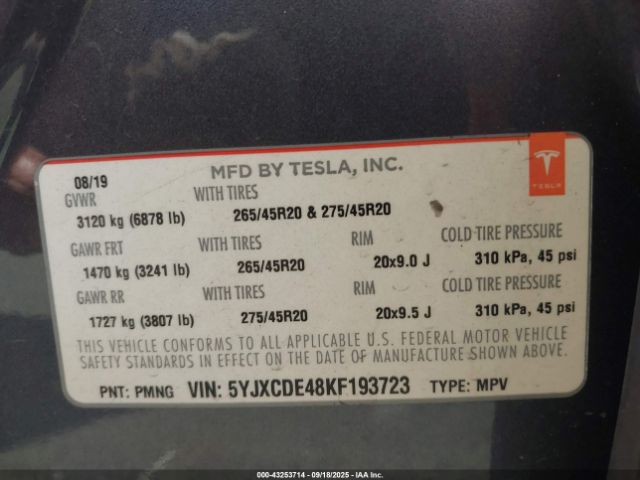 2019 TESLA MODEL X 5YJXCDE48KF193723 Photo 8