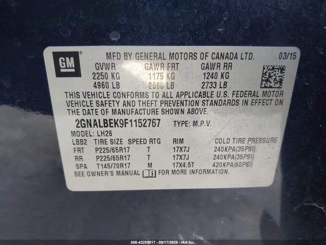 2GNALBEK9F1152767 Chevrolet lea - flex fuel (gas/alc), aluminum, ho,