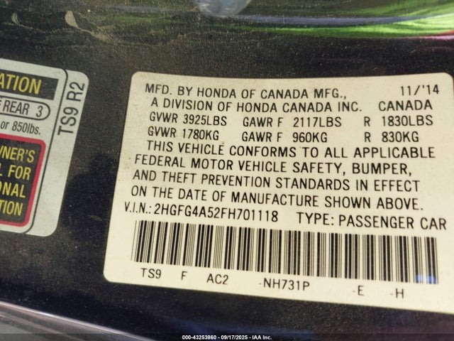 Honda k24z7 2015 2HGFG4A52FH701118 Image 9