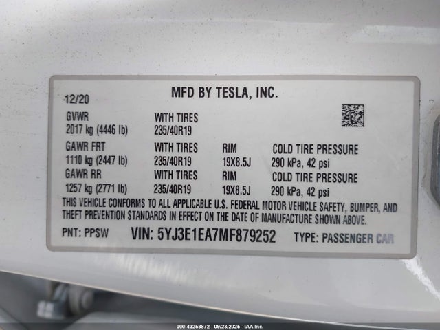 2021 TESLA MODEL 3 5YJ3E1EA7MF879252 Photo 8