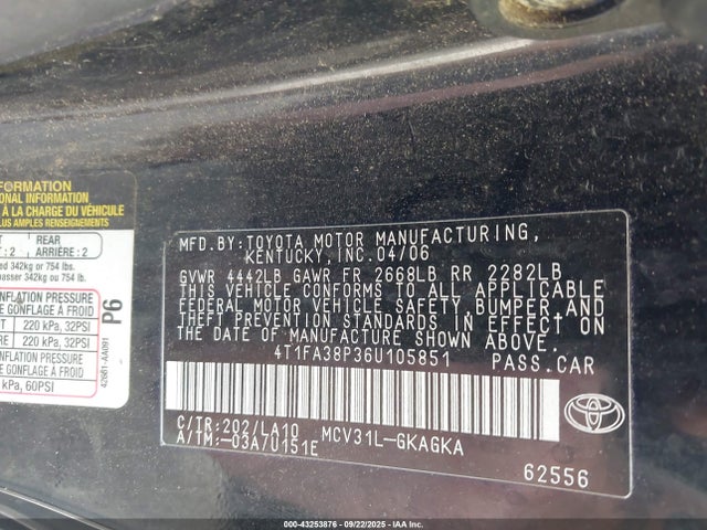 Auction sale of the 2006 Toyota Camry Solara Sle, vin: 4T1FA38P36U105851, lot number: 43253876