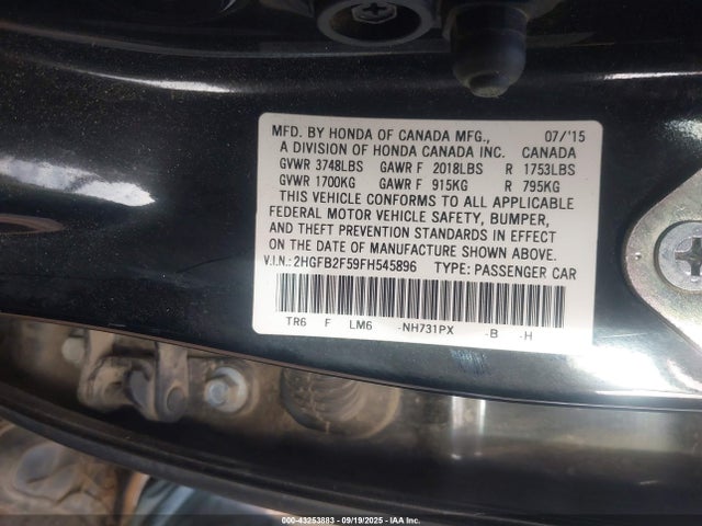 Honda r18z1 2015 2HGFB2F59FH545896 Image 9