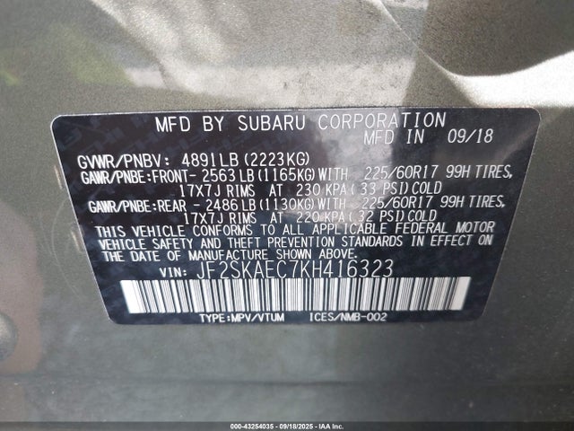 Subaru naturally aspirated u5 2019 JF2SKAEC7KH416323 Image 9