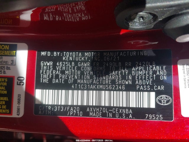 4T1C31AKXMU562346 Toyota a25a-fxs