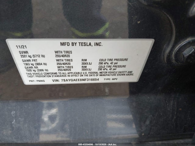 Продаж на аукціоні авто 2022 Tesla Model Y Long Range Dual Motor All-wheel Drive, vin: 7SAYGAEE8NF316654, номер лоту: 43254096