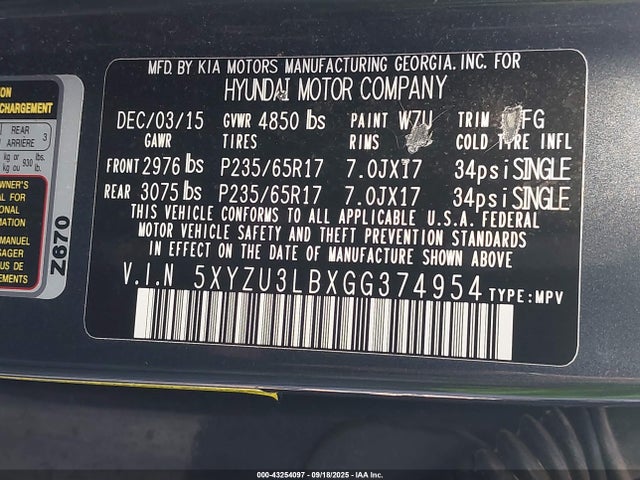 5XYZU3LBXGG374954 Hyundai gdi theta ii