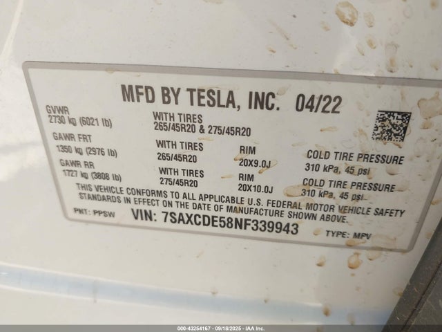 Aukcja sprzedaży 2022 Tesla Model X Dual Motor All-wheel Drive/plaid Tri Motor All-wheel Drive, vin: 7SAXCDE58NF339943, numer aukcji: 43254167