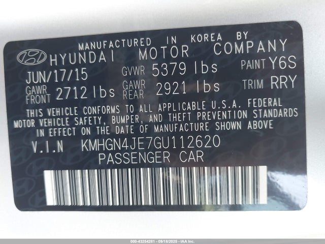 2016 Hyundai Genesis 3.8 მანქანა იყიდება აუქციონზე, vin: KMHGN4JE7GU112620, აუქციონის ნომერი: 43254281