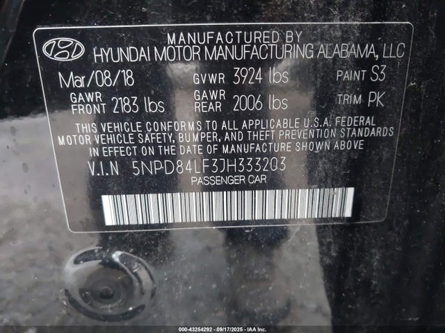 43254292 :رقم المزاد ، 5NPD84LF3JH333203 vin ، 2018 Hyundai Elantra Sel مزاد بيع