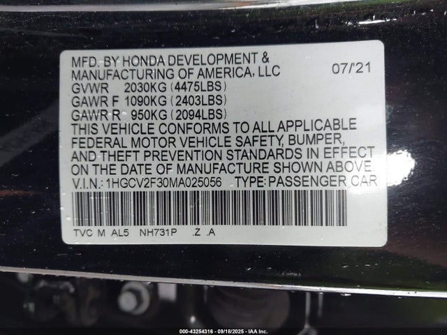 1HGCV2F30MA025056 Honda k20c4