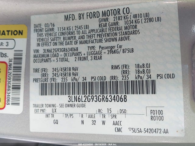 3LN6L2G93GR634068 Lincoln MKZ