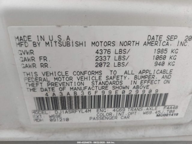 2009 MITSUBISHI GALANT 4A3AB36F99E029909 Photo 8