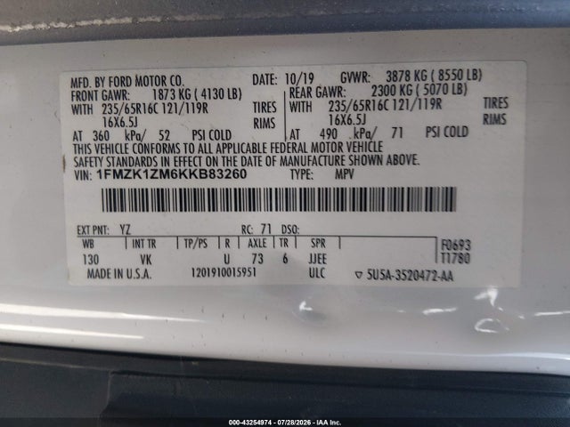 1FMZK1ZM6KKB83260 Ford Transit-150 Xl