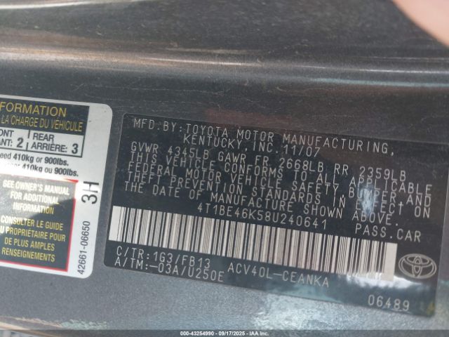 2008 TOYOTA CAMRY 4T1BE46K58U240641 Photo 8