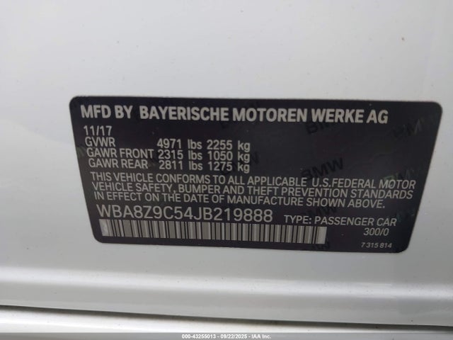 2018 Bmw 330i Gran Turismo Xdrive მანქანა იყიდება აუქციონზე, vin: WBA8Z9C54JB219888, აუქციონის ნომერი: 43255013