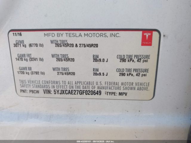 2016 TESLA MODEL X 5YJXCAE27GF020649 Photo 8