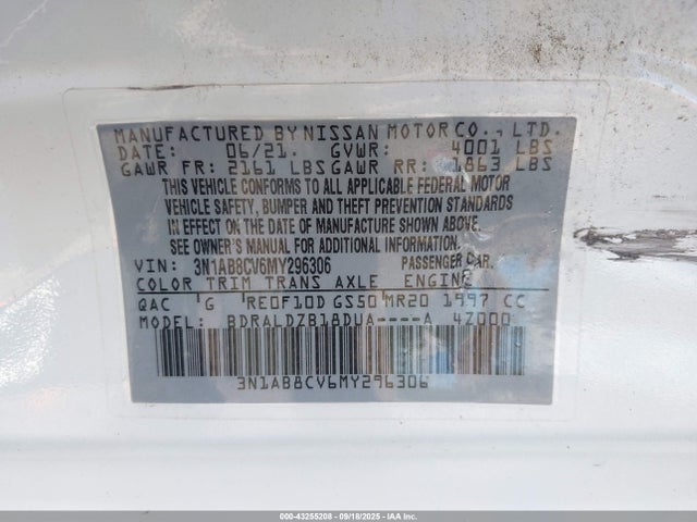 43255208 :رقم المزاد ، 3N1AB8CV6MY296306 vin ، 2021 Nissan Sentra Sv Xtronic Cvt مزاد بيع