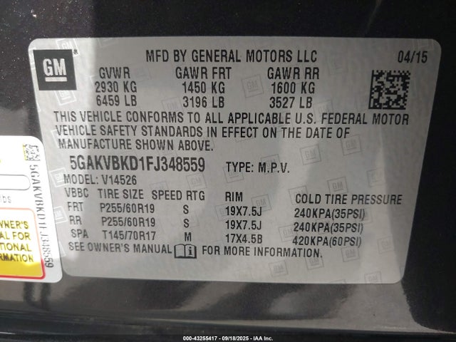 Buick llt 2015 5GAKVBKD1FJ348559 Image 9