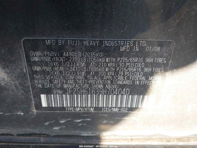 2009 Subaru Forester 2.5x მანქანა იყიდება აუქციონზე, vin: JF2SH61639H704040, აუქციონის ნომერი: 43255457