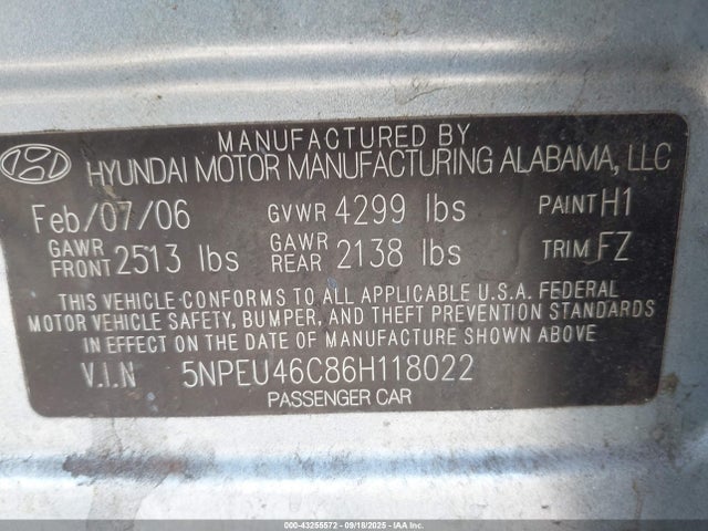 Продаж на аукціоні авто 2006 Hyundai Sonata Gls, vin: 5NPEU46C86H118022, номер лоту: 43255572