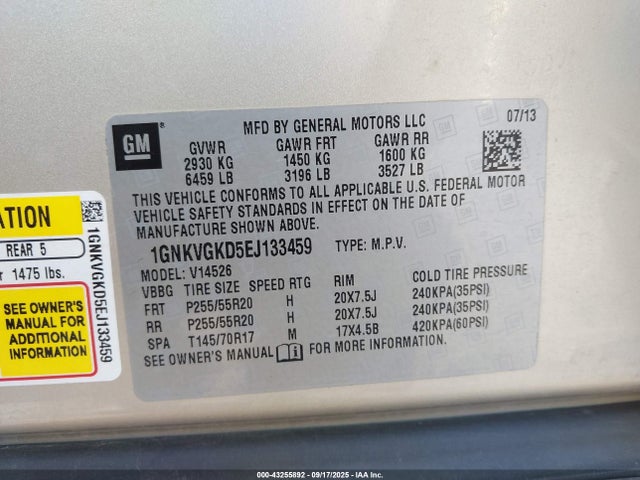 Chevrolet llt 2014 1GNKVGKD5EJ133459 Image 9