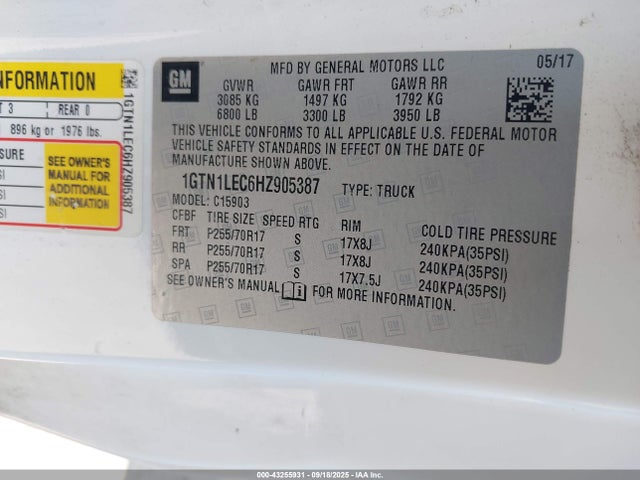 1GTN1LEC6HZ905387 GMC l83 -spark ignited direct injection, variable valve timing, afm, e85 max, alum