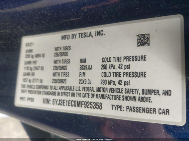 2021 TESLA MODEL 3 5YJ3E1EC0MF925358 Photo 8
