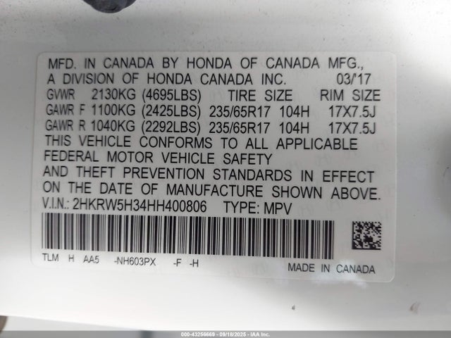 2HKRW5H34HH400806 Honda k24w9/k24v9