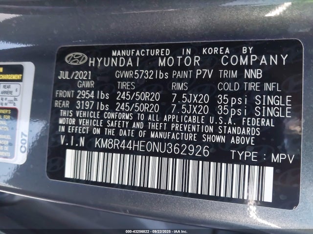 KM8R44HE0NU362926 Hyundai gdi lambda ii