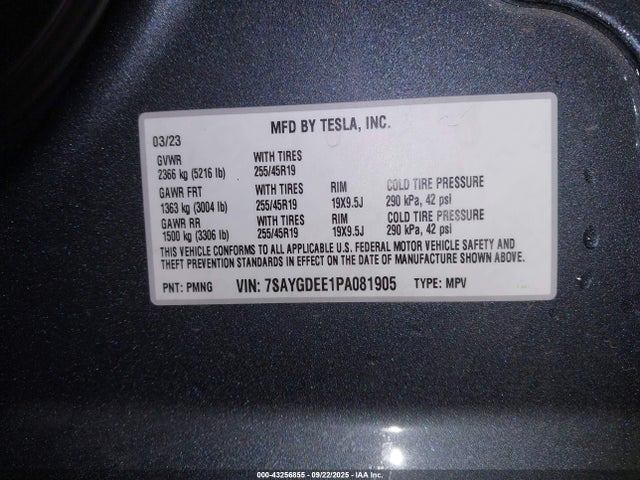 Продажа на аукционе авто 2023 Tesla Model Y Awd/long Range Dual Motor All-wheel Drive, vin: 7SAYGDEE1PA081905, номер лота: 43256855