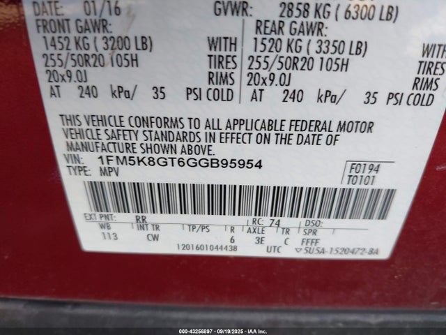 1FM5K8GT6GGB95954 Ford Explorer