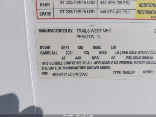 Продажа на аукционе авто 2019 Trails West Rpm 28 Bp Snowmobile, vin: 49SW73122KP072022, номер лота: 43256914