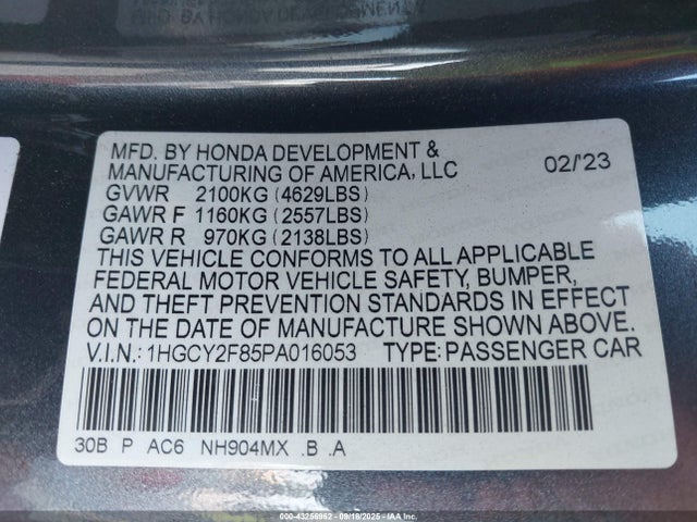 1HGCY2F85PA016053 Honda lfc5