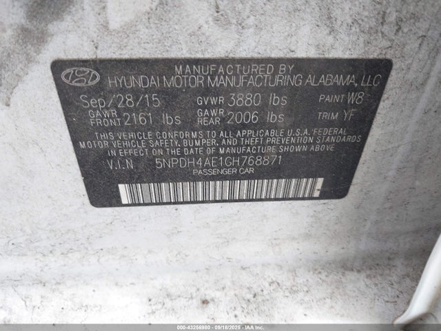 5NPDH4AE1GH768871 Hyundai dohc mpi nu