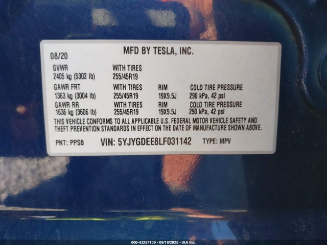 2020 TESLA MODEL Y 5YJYGDEE8LF031142 Photo 8