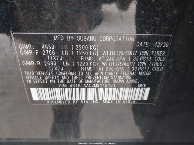 2021 SUBARU OUTBACK 4S4BTAAC7M3148161 Photo 8