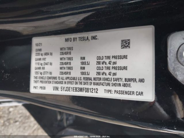 2021 TESLA MODEL 3 5YJ3E1EB3MF081212 Photo 8