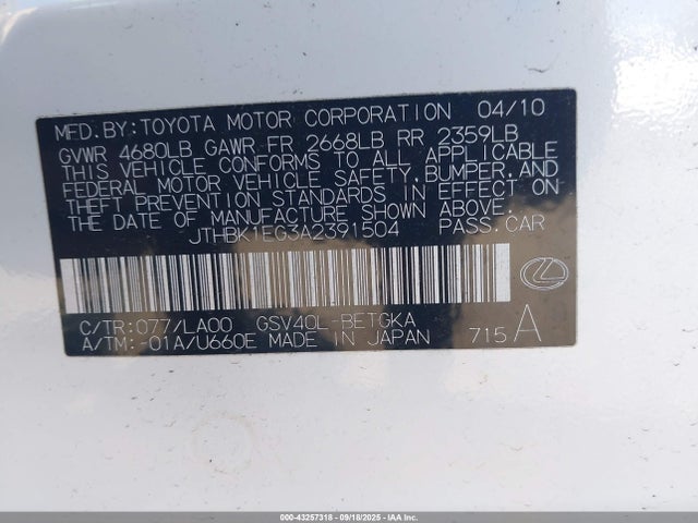 43257318 :رقم المزاد ، JTHBK1EG3A2391504 vin ، 2010 Lexus Es 350 مزاد بيع