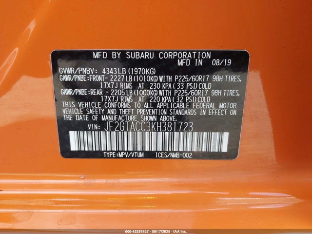 JF2GTACC3KH381723 Subaru naturally aspirated