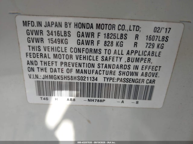 JHMGK5H58HS021134 Honda l15b1/l15b3