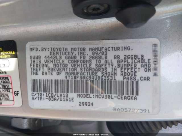 2004 TOYOTA CAMRY 4T1BF30K84U063531 Photo 8