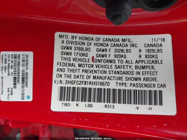 Honda k20c2 2019 2HGFC2F81KH516670 Image 9