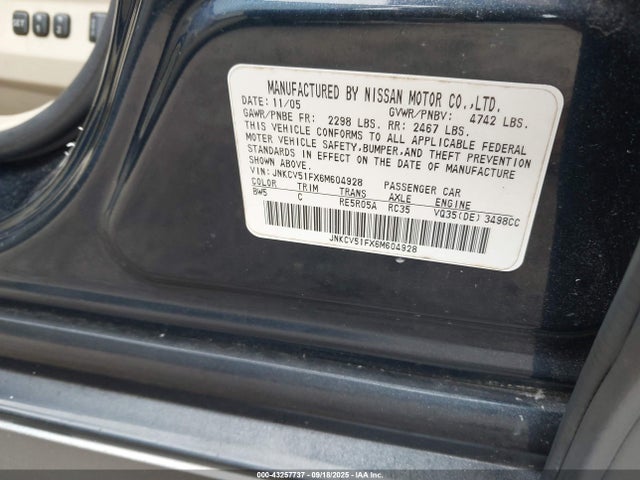 2006 Infiniti G35x მანქანა იყიდება აუქციონზე, vin: JNKCV51FX6M604928, აუქციონის ნომერი: 43257737