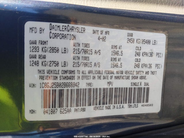 Aukcja sprzedaży 2002 Chrysler Voyager, vin: 1C8GJ25B02B668842, numer aukcji: 43257744