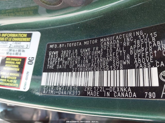 2T1BURHE0GC561378 Toyota COROLLA LE