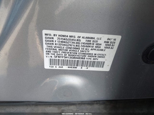 Honda j35y6 2016 5FNYF5H13GB040368 Image 9