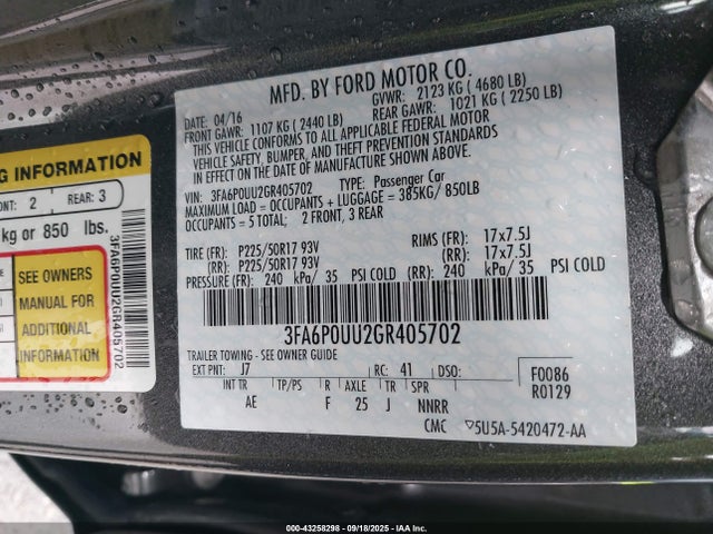 Ford Fusion Hybrid S 2016 3FA6P0UU2GR405702 Image 9