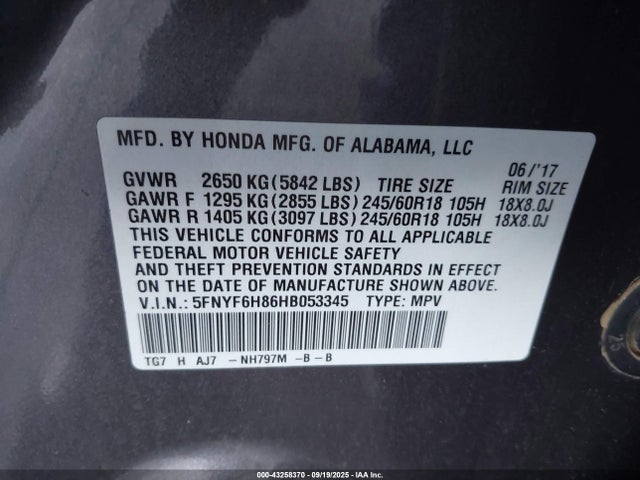 Honda j35y6 2017 5FNYF6H86HB053345 Image 9