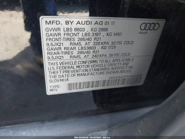 WA1VAAF71HD043290 Audi 2017